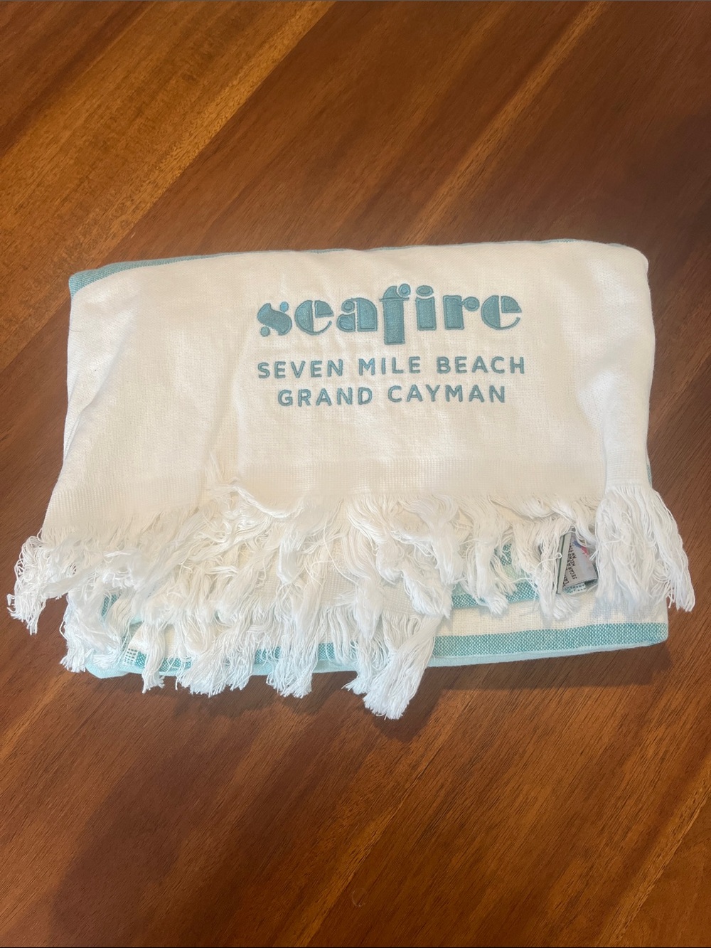 Seafire Seven Mile Beach Grand Cayman Fringe Beach Towel - White & Light Teal
